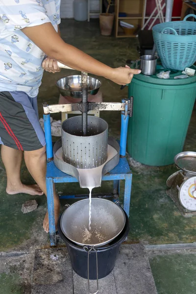 Coconut milk and juice extractor machine screw press type. Coconut milk plant in Thailand. Manual press pressing coconut for getting juice — Stock Photo, Image