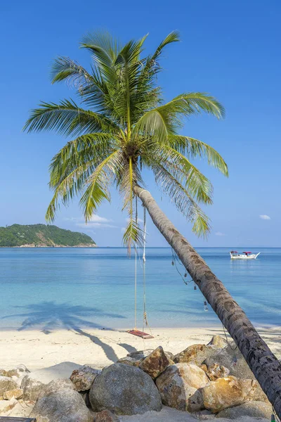 Columpio cuelgan de la palmera de coco sobre la playa de arena cerca del agua azul del mar en Tailandia. Verano, viajes, vacaciones y concepto de vacaciones —  Fotos de Stock