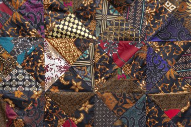 Piyasada detay patchwork yorgan. Bali Adası, Ubud, Endonezya. Büyük patchwork battaniye doku