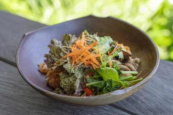 녹색 카레 쌀, 가지, 김치, 삶은 채소, 버섯, 템페 베이컨, 두부에서 얻은 유기농 샐러드가 점토 그릇에 담겨 제공됩니다. 근접 촬영. 건강한 식습관의 개념. — 스톡 사진