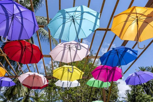 Street decorated with colored umbrellas, island Koh Phangan, Thailand