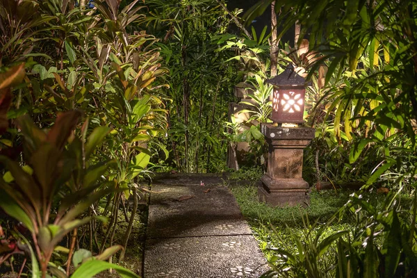 Geceleri tropikal bahçede yolun yanındaki taş sütun üzerinde dekoratif lamba . Island Bali, Endonezya. Doğa kavramı