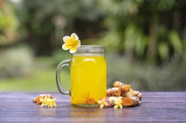 Zerdeçal, zencefil, limon ve ballı enerji içeceği cam bardak, doğa arka planı, kapat