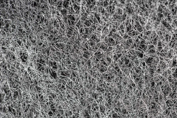 Mörk abstrakt bakgrund och mönster av sammanvävda hårstrån, fibrer och nanofibrer. Sponge detalj konsistens, svamp textur närbild bakgrund. Cellulosasvamp konsistens. Svartvitt — Stockfoto