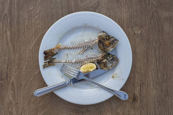 Due lische di pesce con testa e coltello e forchetta su piastra bianca, da vicino — Foto Stock