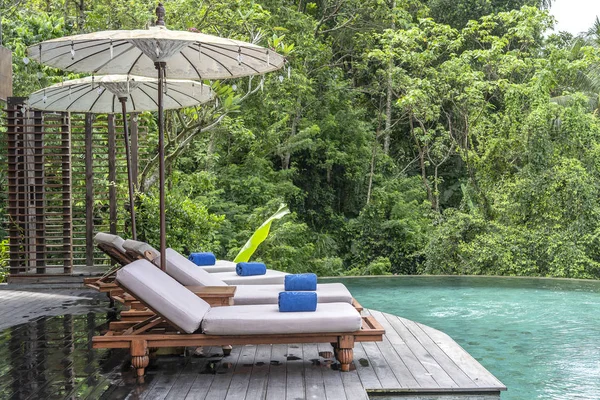 在印度尼西亚巴厘岛乌布附近的热带丛林里, 可以欣赏到游泳池的水和日光浴床 — 图库照片