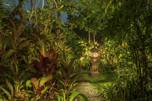 Lampa dekoracyjna na kamiennym filarze obok ścieżki w tropikalnym ogrodzie nocą. Wyspa Bali, Indonezja. Koncepcja przyrodnicze — Zdjęcie stockowe