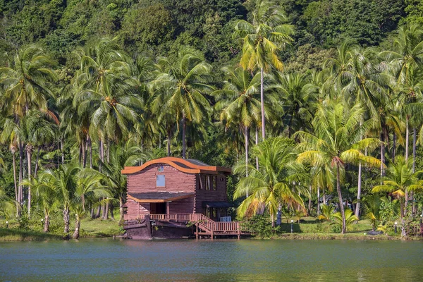 Тропический дом в виде корабля рядом с морем в джунглях с зелеными пальмами. Роскошный пляжный курорт на острове в Таиланде. Концепция природы и путешествия — стоковое фото