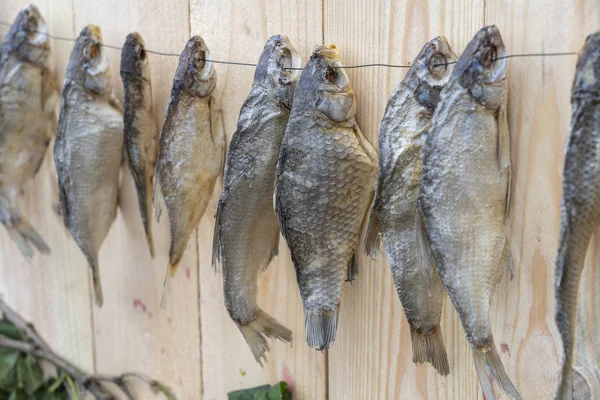 Pescado salado seco colgado en una cuerda contra una pared de madera —  Fotos de Stock