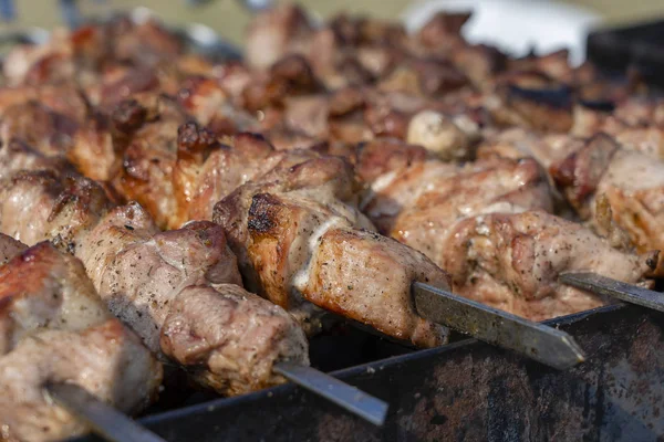 Cottura kebab alla griglia su spiedino di metallo primo piano. Carne arrosto cotta al barbecue. BBQ fette di carne fresca di manzo tritate. Piatto tradizionale orientale, shish kebab — Foto Stock