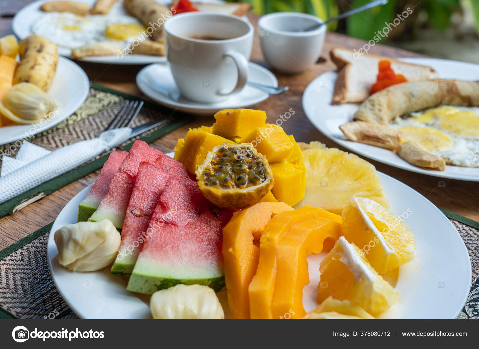 Tropical Breakfast Fruit Coffee Scrambled Eggs Banana Pancake Two Beach Stock Photo Image By C Olegdoroshenko Tropical Breakfast Fruit Coffee Scrambled Eggs Banana Pancake Two Beach Stock Photo Image By C Olegdoroshenko