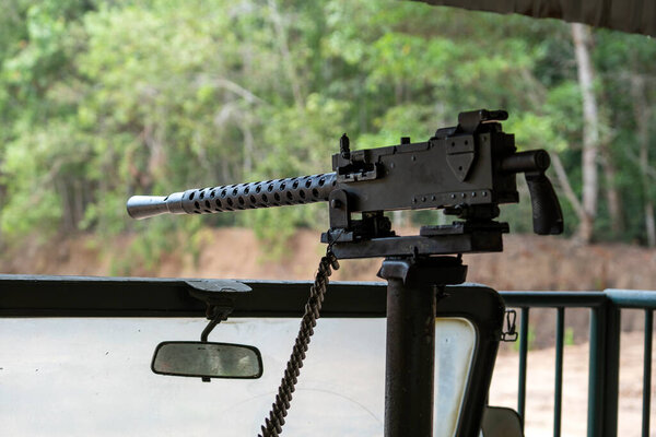 Machine gun automatic weapon for people shooting at Cu Chi tunnels in Ho Chi Minh, Vietnam, close up