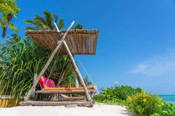 島Zanzibar タンザニア 東アフリカ 旅行と休暇のコンセプトの近くの熱帯ビーチの天蓋の下にマットレス付きの木製のスイング — ストック写真