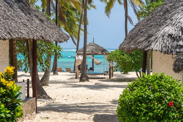 Tropische Häuser Und Kokospalmen Einem Sandstrand Meer Bei Sonnigem Wetter — Stockfoto