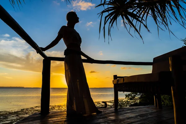 熱帯のビーチで海の水の近くの夕日に対する美しい女性のシルエット クローズアップ — ストック写真