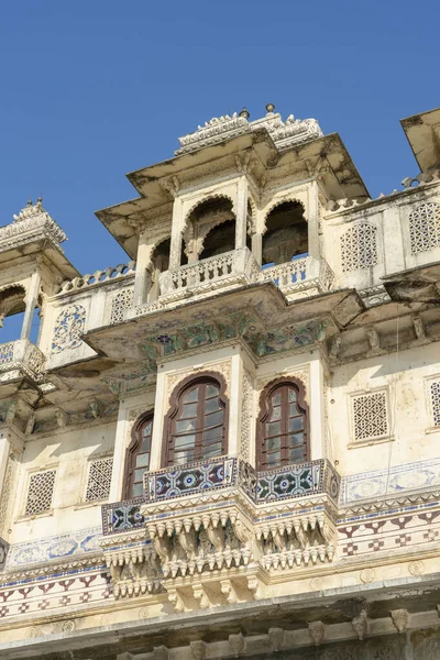 Detalj Arkitektur Dekorerad Fasad Udaipur Rajasthan Indien Närbild — Stockfoto