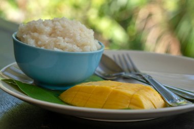 Tayland usulü tatlı, tabağında pilav olan mango. Sarı mango ve yapışkan pirinç Tayland 'ın popüler geleneksel tatlısıdır. Kapat.