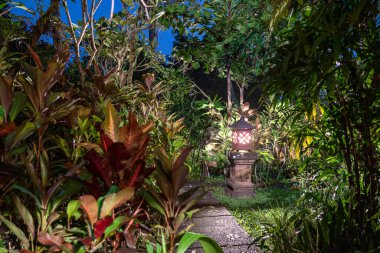 Gece tropikal bahçedeki patikanın yanındaki taş sütunun üzerindeki dekoratif lamba. Ubud, Bali Adası, Endonezya. Doğa konsepti