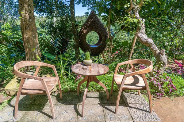 Wooden Table Chairs Empty Tropical Cafe Next Rice Terraces Island — Stock Photo, Image