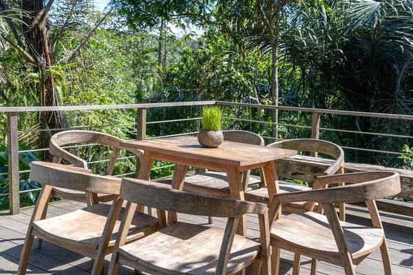 Wooden Table Chairs Empty Tropical Cafe Next Rice Terraces Island — Stock Photo, Image