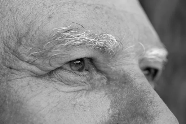 Close up eye of caucasian old man. Portrait of old man outdoors. Caucasian male face background, close up eyes, macro, black and white