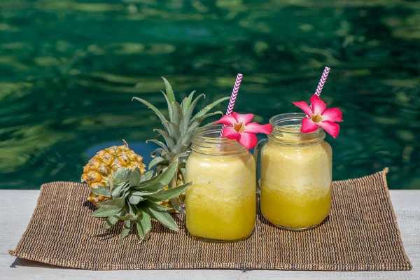 Homemade Mango Pineapple Smoothie Made Coconut Milk Two Glass Mug — Stock Photo, Image