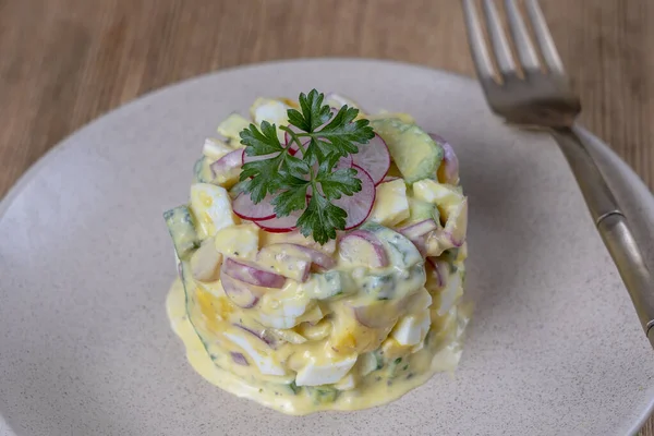 Νόστιμη Σαλάτα Αγγούρι Ραπανάκι Και Βραστό Αυγό Σάλτσα Κρέμας Πιάτο — Φωτογραφία Αρχείου