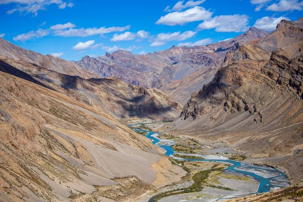 stock image Himalayan mountain landscape along Leh to Manali highway in India. Blue river and majestic rocky mountains in Indian Himalayas, Ladakh, Jammu and Kashmir region, India. Nature and travel concept