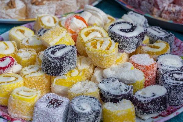 Sweets Marmelade Turkse Lekkernijen Heldere Multi Gekleurde Zoetwaren Turkije Sluiten — Stockfoto