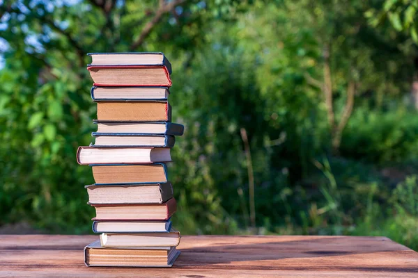 Montón Libros Sobre Mesa Madera Sobre Fondo Natural Aire Libre — Foto de Stock