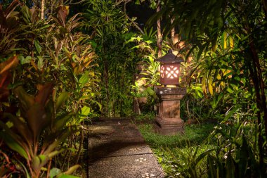 Gece tropikal bahçedeki patikanın yanındaki taş sütunun üzerindeki dekoratif lamba. Ubud, Bali Adası, Endonezya. Doğa konsepti