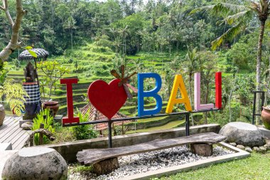 Arka planda pirinç tarlalarının yakınındaki Bali 'yi Sevdiğime dair renkli bir işaret. Endonezya, Bali Adası. Kapat.