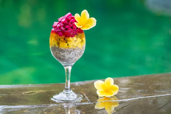 Chia Semínka Pudink Červeným Dračím Ovocem Vášeň Ovoce Mango Avokádo — Stock fotografie