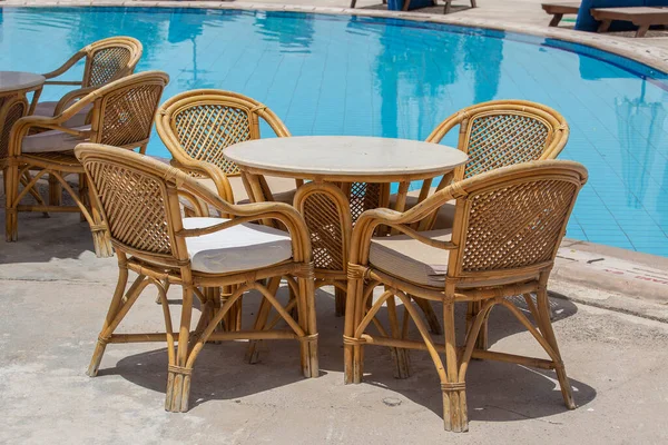 Rattan Table Chairs Beach Cafe Swimming Pool Next Red Sea — Stock Photo, Image