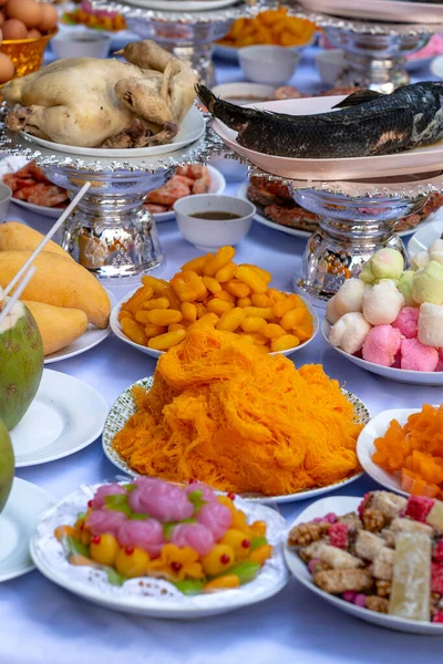 Offrande Sacrificielle Nourriture Pour Prier Dieu Mémorial Ancêtre Bangkok Thaïlande — Photo