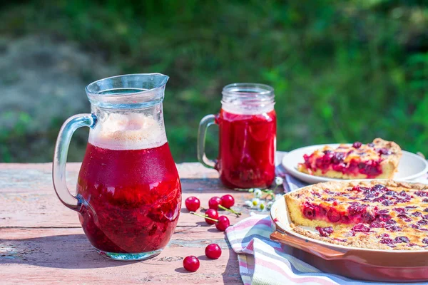 Homemade Cherry Pie Red Cherry Drink Wooden Table Garden Background — Stock Photo, Image