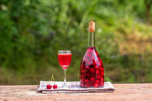 Yapımı Kırmızı Kiraz Tentürü Berry Alkollü Içecekler Konsepti Cam Şişedeki — Stok fotoğraf