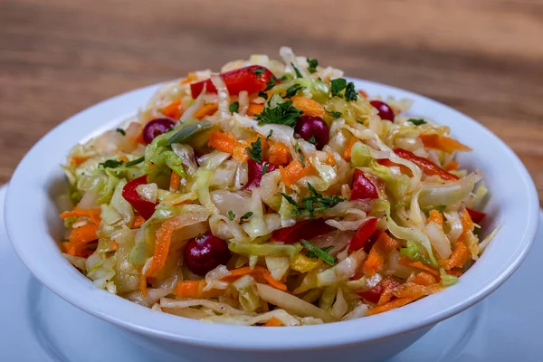 Homemade Sauerkraut Carrots Red Peppers Cranberries Plate Fresh Cabbage Salad — Stock Photo, Image