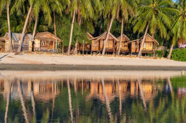 Hindistan cevizi palmiyeleri ve deniz suyuna yansıyan ahşap bungalovları olan güzel bir koy. Tropik kumsal, yeşil palmiye yaprağı ve deniz suyu Koh Phangan, Tayland