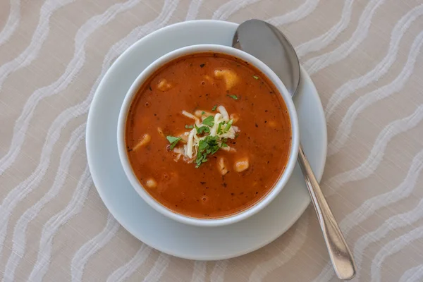 Sopa Tomate Com Queijo Salsa Fresca Close — Fotografia de Stock