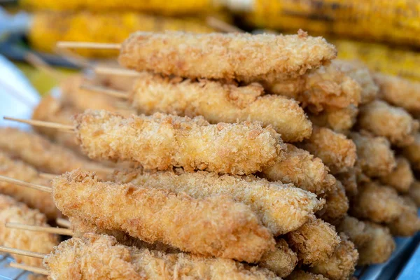 Espetos Com Asas Frango Frito Massa Para Vender Mercado Comida — Fotografia de Stock