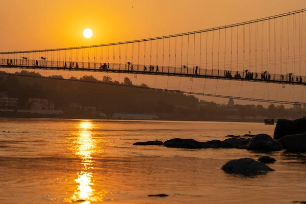 Beautiful View Ganges River Water Ram Jhula Bridge Sunset Rishikesh — Stock Photo, Image