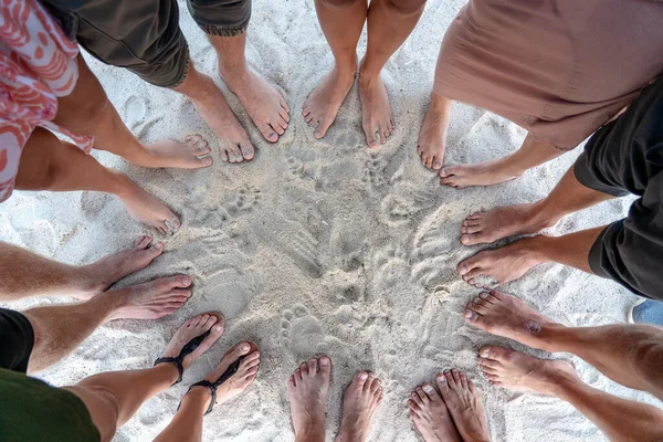 Many Female Male Legs Standing Together Sand Sea Summer Holidays — Stock Photo, Image