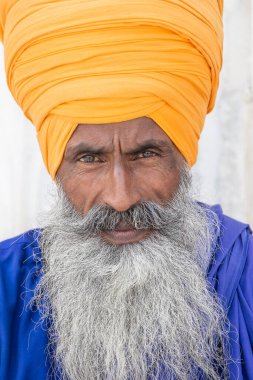 Turuncu sarıklı, gür sakallı Hintli sih adamın portresi. Amritsar, Hindistan. Kapat.