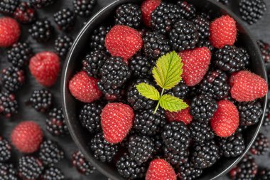 Taze organik böğürtlen ve ahududu arkaplanı, yakın plan. Bir sürü olgun, sulu, siyah tabakta çiğ meyve. Üst manzara böğürtlen ve ahududu