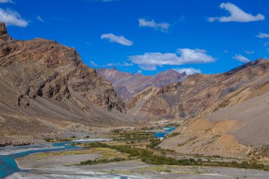 Hindistan 'da Leh' ten Manali otoyoluna kadar Himalaya dağlarının manzarası. Hindistan 'ın Himalayalar, Ladakh, Jammu ve Kaşmir bölgesindeki mavi nehir ve görkemli kayalık dağlar. Doğa ve seyahat kavramı