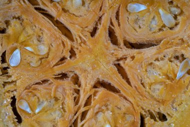 Çekirdek ve posa dokusuyla ikiye bölünmüş sarı balkabağı. Balkabağı dilimleri arkaplanı kapatın, üst görünüm