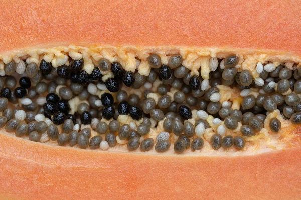 Hälften Mogen Söt Papaya Frukt Med Frön Bakgrund Närbild — Stockfoto