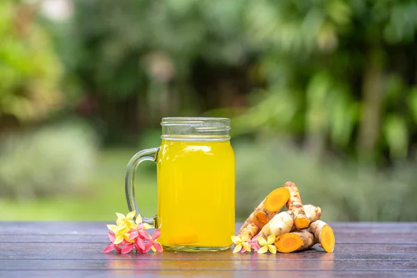 Energy Tonic Drink Turmeric Ginger Lemon Honey Glass Mug Nature — Stock Photo, Image