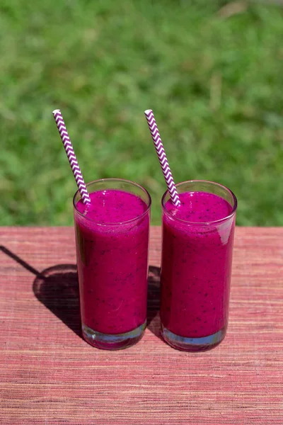 Fresh Smoothies Dragon Fruit Banana Mango Papaya Glass Island Bali — Stock Photo, Image